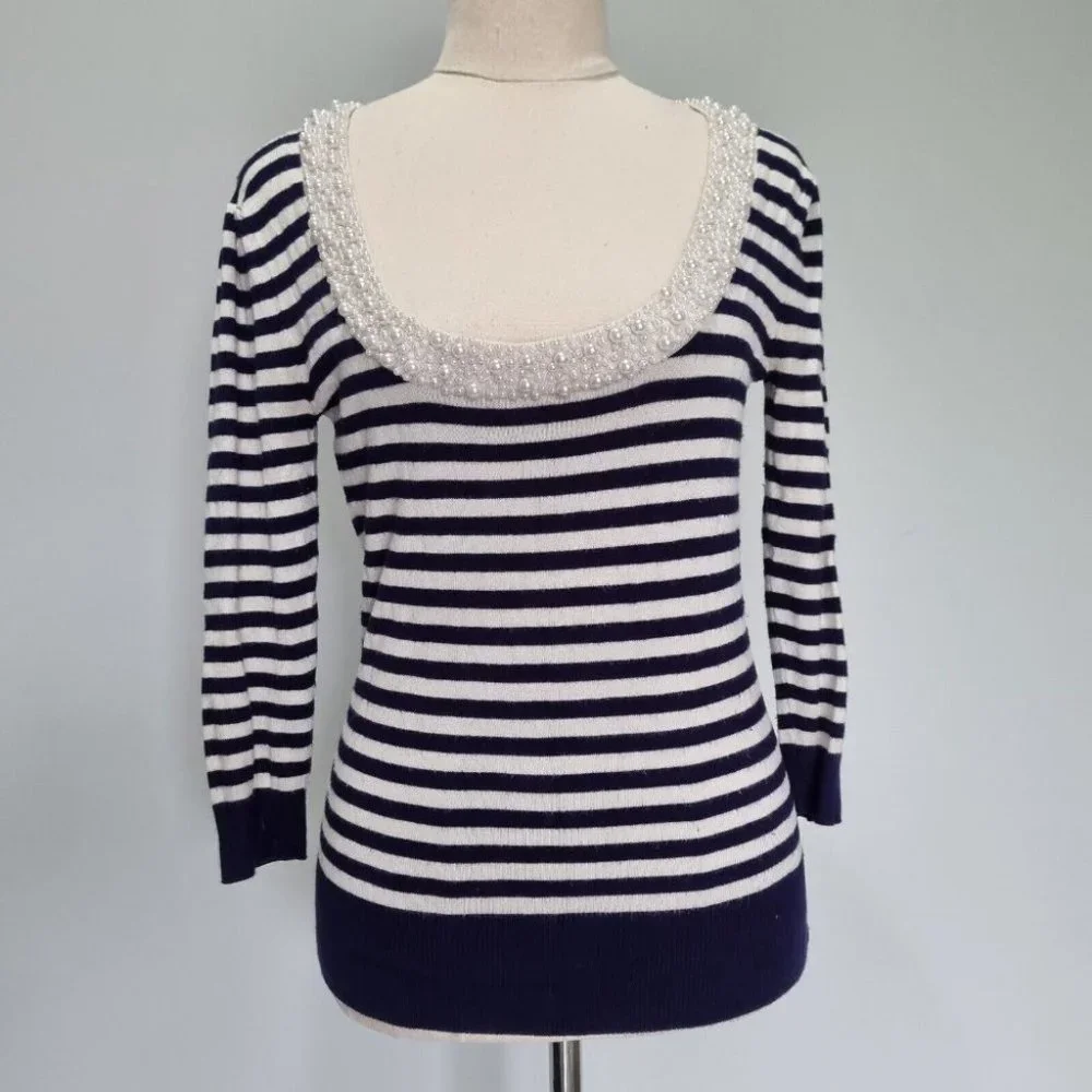 Review Blue & White Stripe Beaded Scoop Neck 3/4 Sleeve Jumper Size XS - Picture 2 of 7